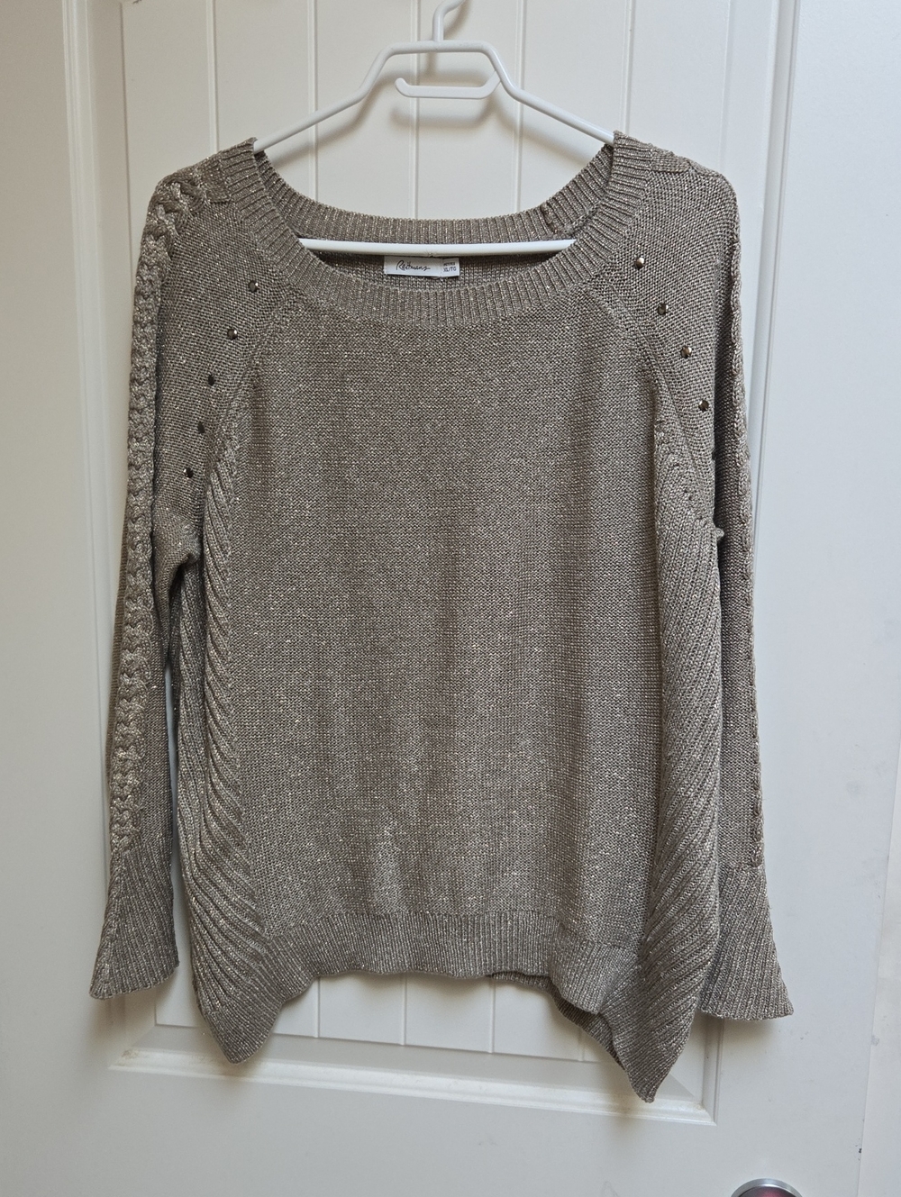 Reitmans Petites Women's XL Metallic Taupe Crewneck Sweater Stud Embellishments